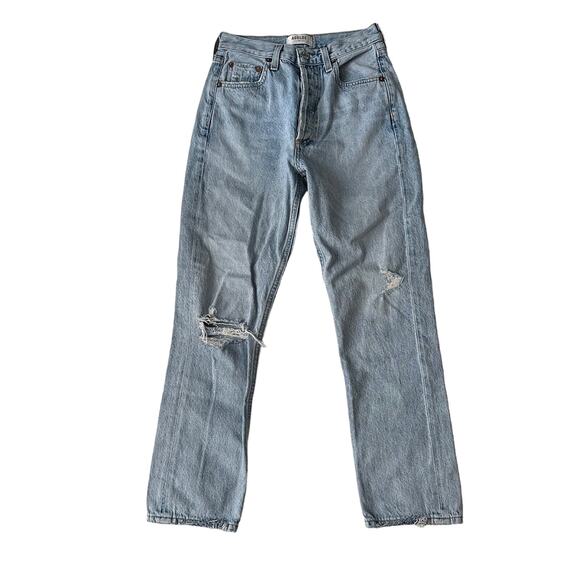 AGOLDE Riley High Rise Straight in Blue Button Fly Light Distress Jean 24 Waist - Picture 1 of 10